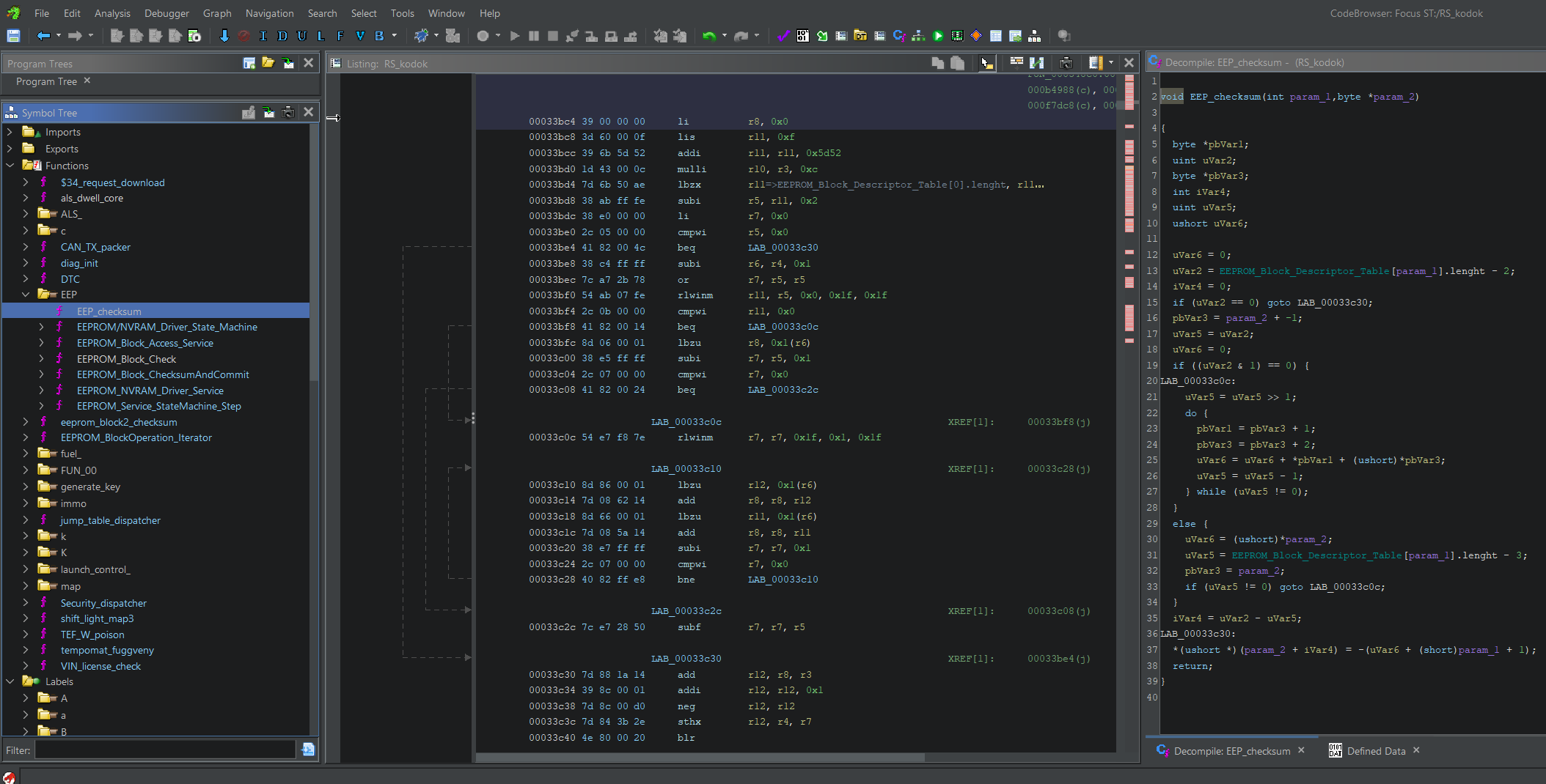 A gyári Bosch EEP_checksum rutin Assembly kódja Ghidra-ban