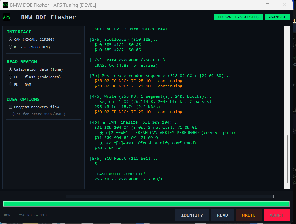 DDE Flasher, gyári cal CVN finalize, r[2]=0x01