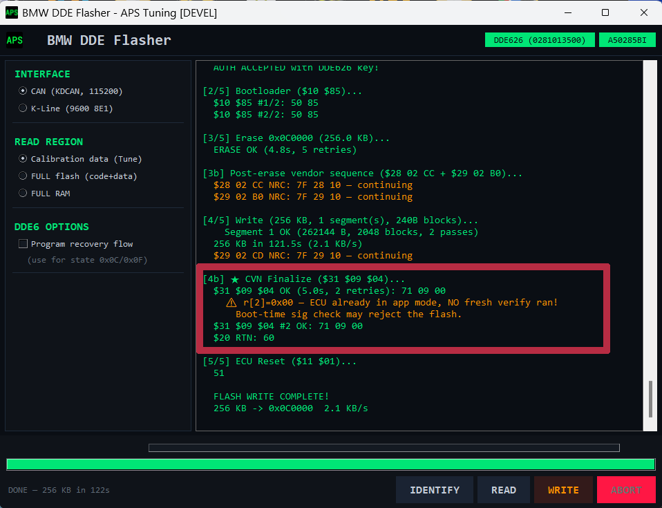 DDE Flasher, tuned cal CVN finalize, r[2]=0x00