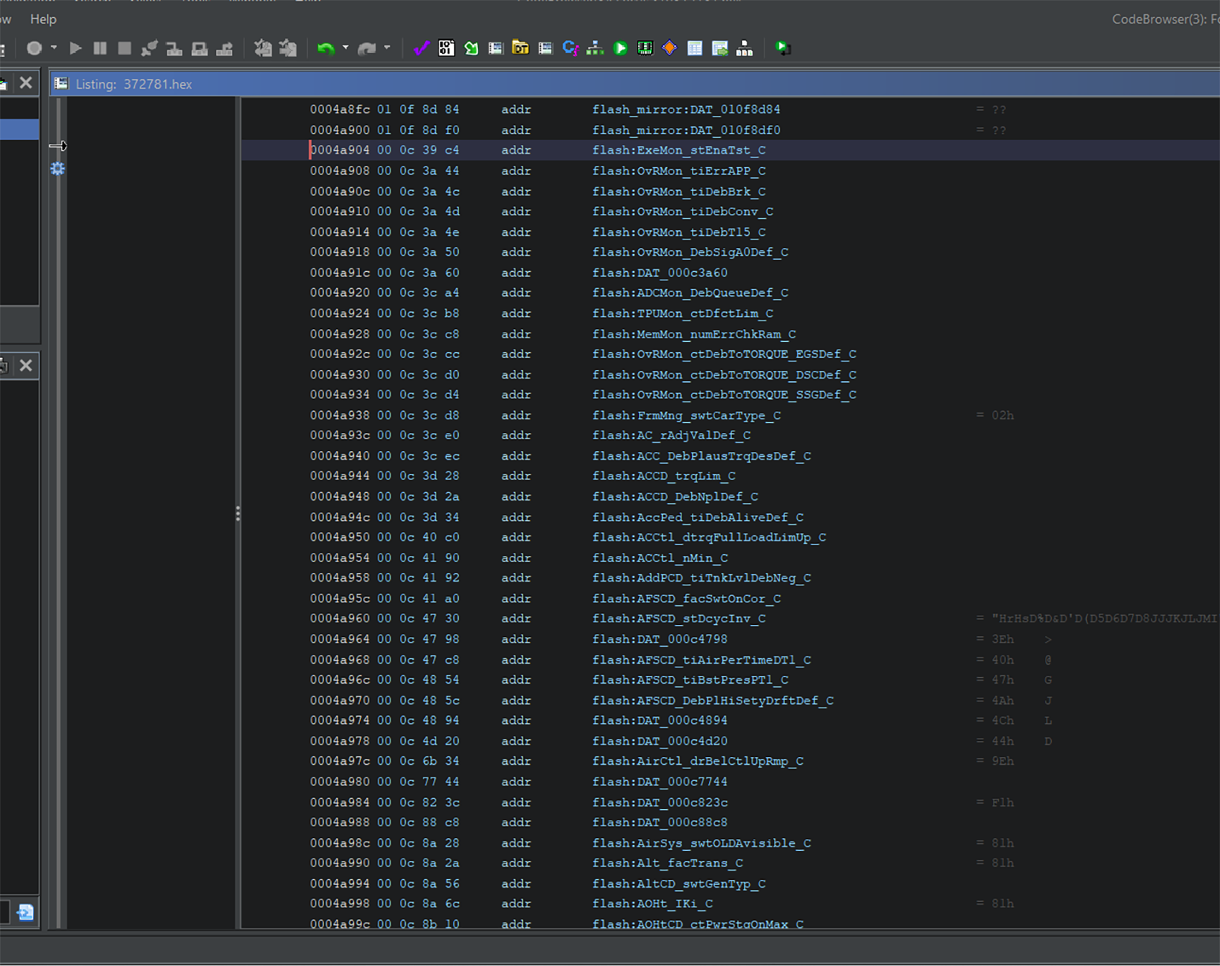 Pointer tábla A2L modul nevekkel Ghidrában